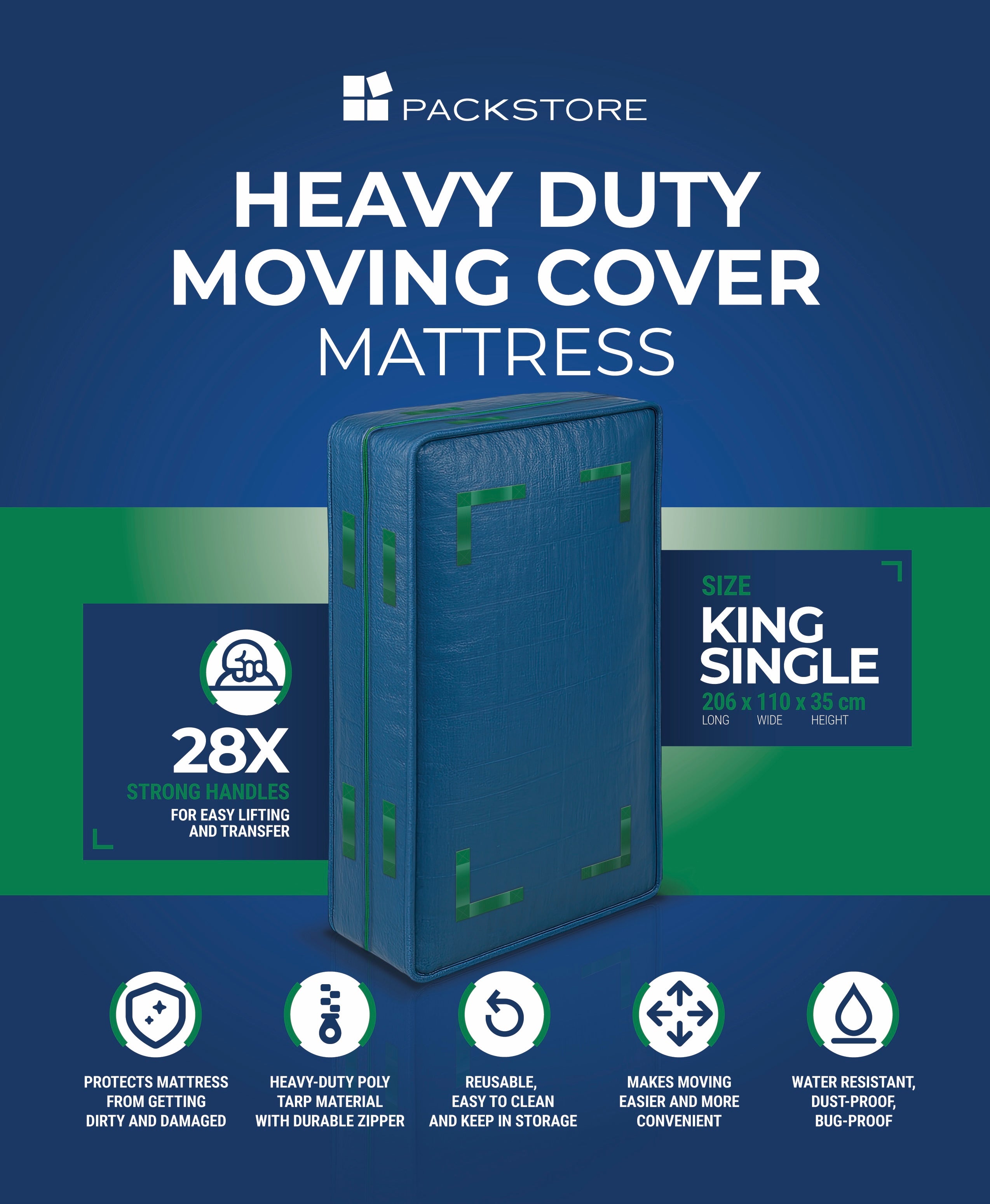 Heavy Duty Mattress Moving Bag – 28 Handles, Waterproof Tarp | King Single