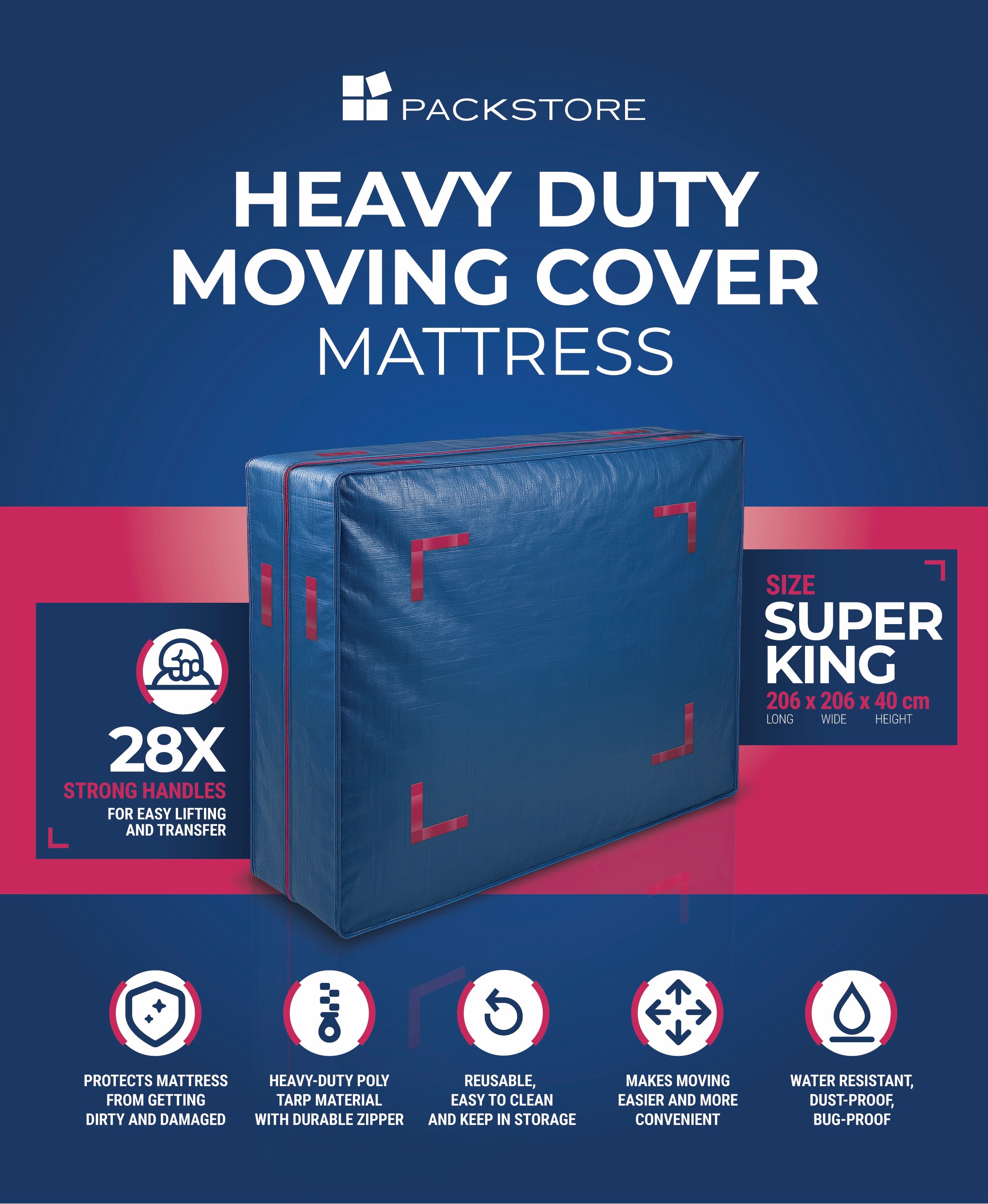 Heavy Duty Mattress Moving Bag – 28 Handles, Waterproof Tarp | Super King